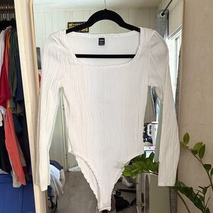 SHEIN Cream Ribbed Square Neck Long Sleeve Bodysuit